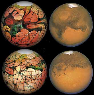 Одна из карт XIX века, изображающая «всепланетную систему» каналов Марса с огромными водохранилищами в перекрестиях. Более поздние наблюдения показали, что все это — чистая фантазия